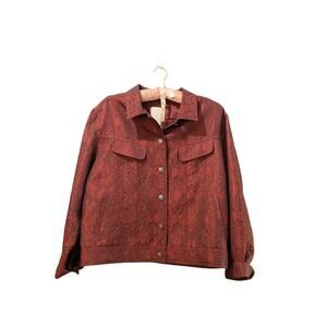 J Jill Red Floral Print Jaquard Embossed Button Front Trucker Jacket Size Medium
